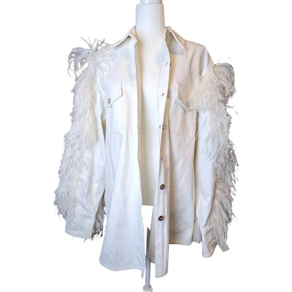 David Koma Ostrich Feather Oversized Denim Jacket Dress Bridal bachelorette - Picture 13 of 16